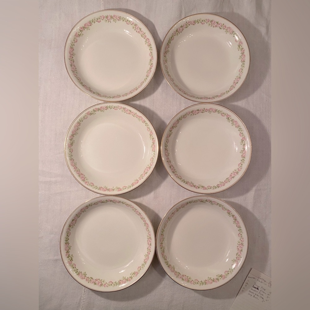 6 Vintage 8”  white soup bowls - Pope & Gosser China pink & green flowers USA